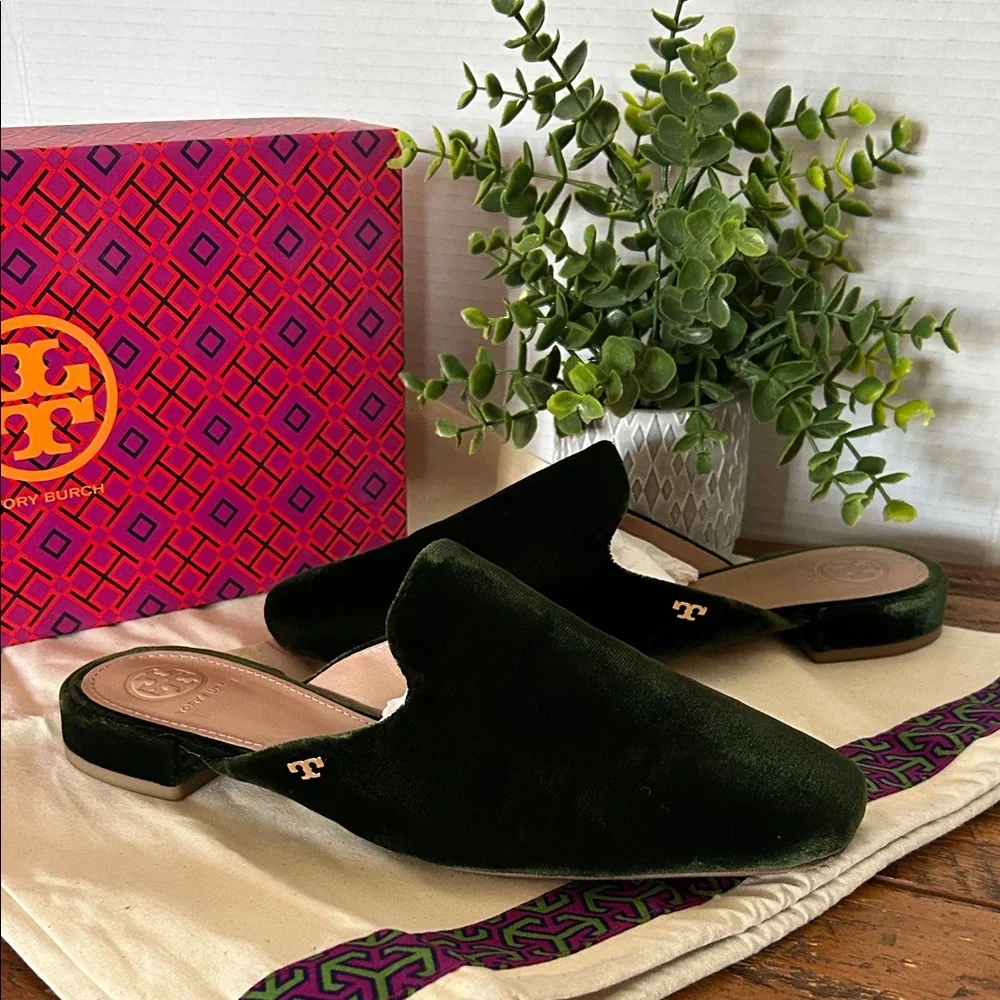 Tory Burch Carlotta Slide Velvet Dark Green Mules